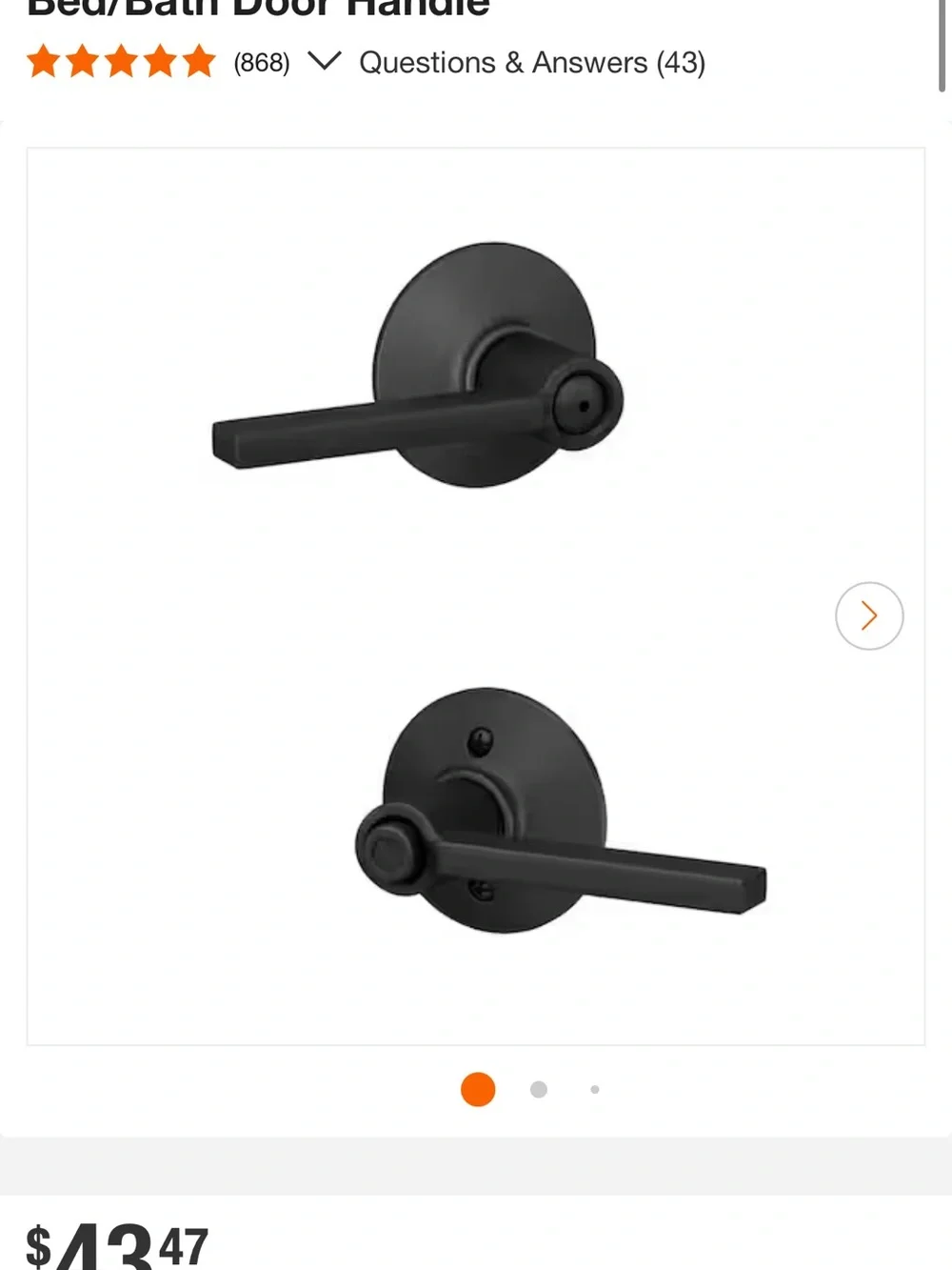 Schlage Latitude Lever Door Handle for Bed & Bath - Matte Black - Retail $44